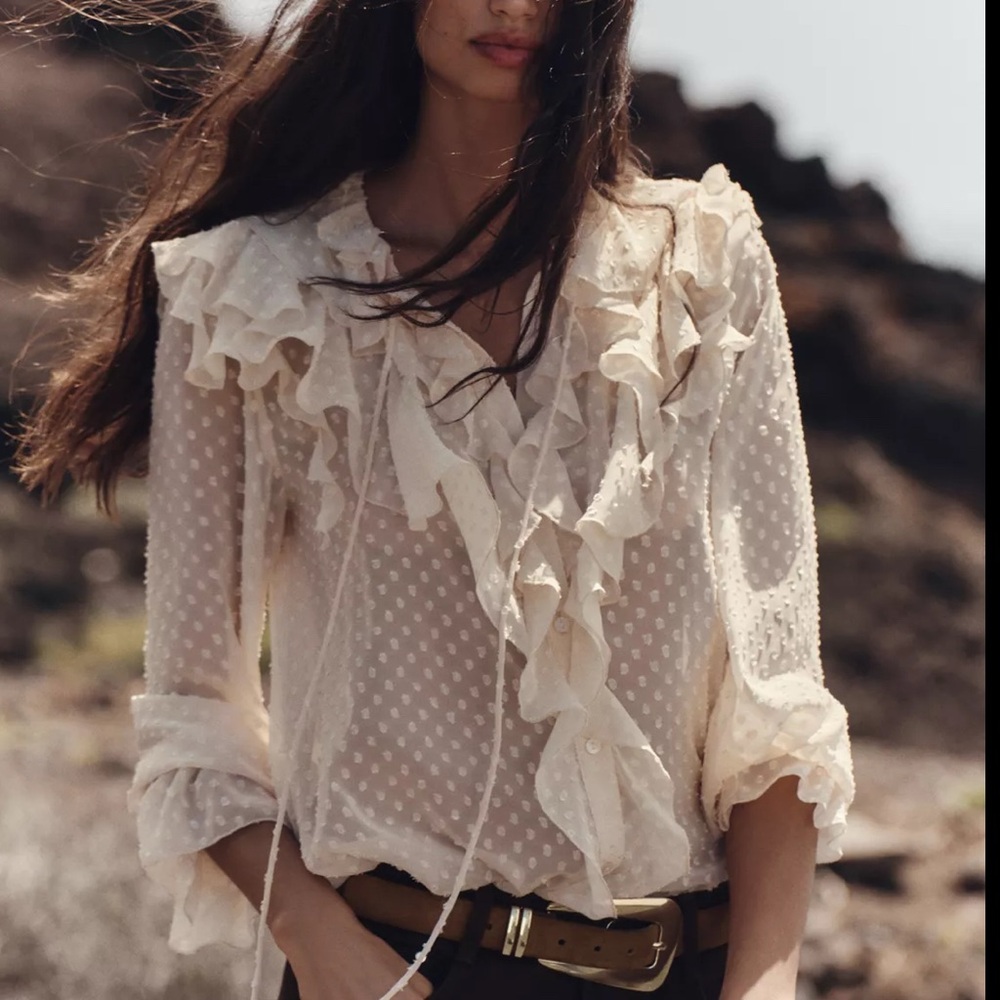 Swiss Dot Ruffled Boho Blouse